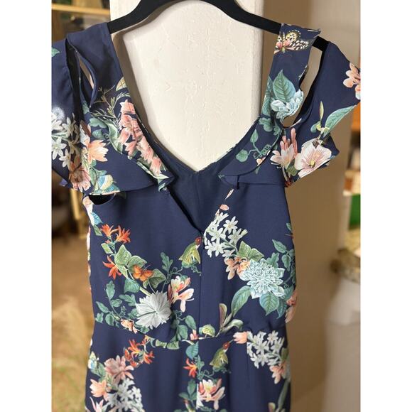 Oasis Fitzwilliam Museum Bird Butterfly Botanical Frill Cold Shoulder Midi Dress - Picture 5 of 7